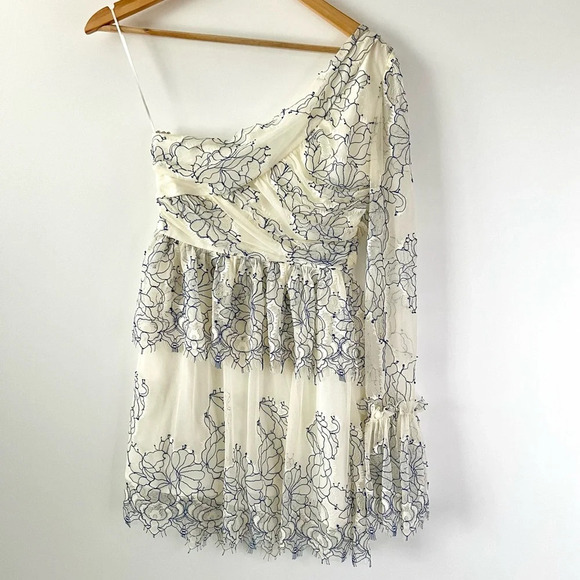 ALICE MCCALL || Isn’t She Lovely Blue and Cream Lace One Shoulder Mini Dress 2 - Picture 11 of 13
